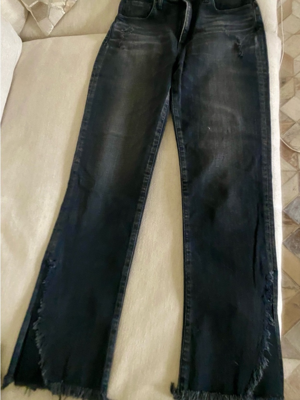 Moussy Washed Black Cropped Flare Jeans with Frayed Hem